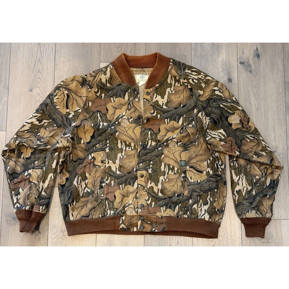 Vintage 80s 90s Mossy Oak Treestand Camo Bomber Jacket Mens XXL Snap Made In USA